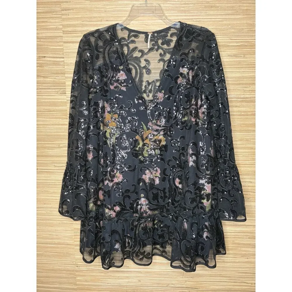 Free People Falling Flowers Frock Mini Dress Tunic Black Sz S